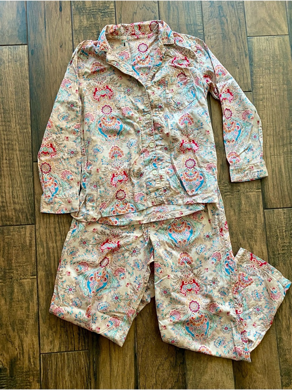 Lauren Ralph Lauren Paisley Cotton Long Sleeved Pajama Set - Cream, Pink & Blue